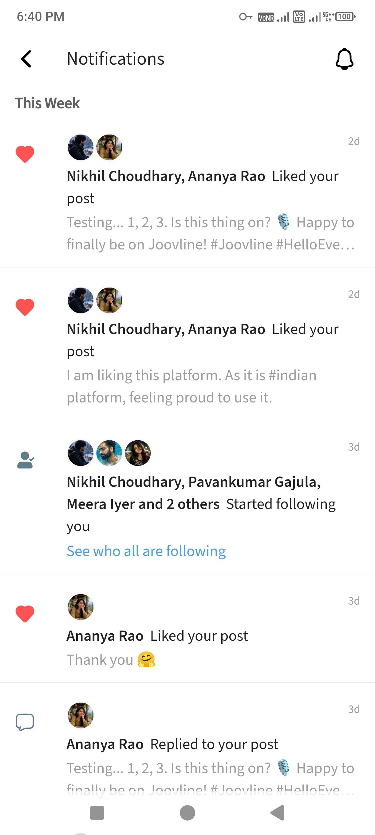 Joovline notifications screen
